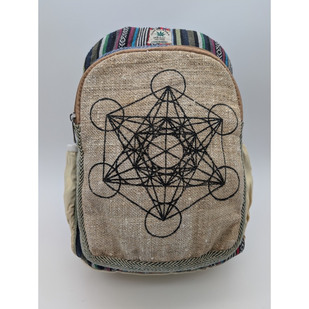 Himalayan Hemp Metatron Cube Embroidered Backpack Woven Multi Color Made Nepal